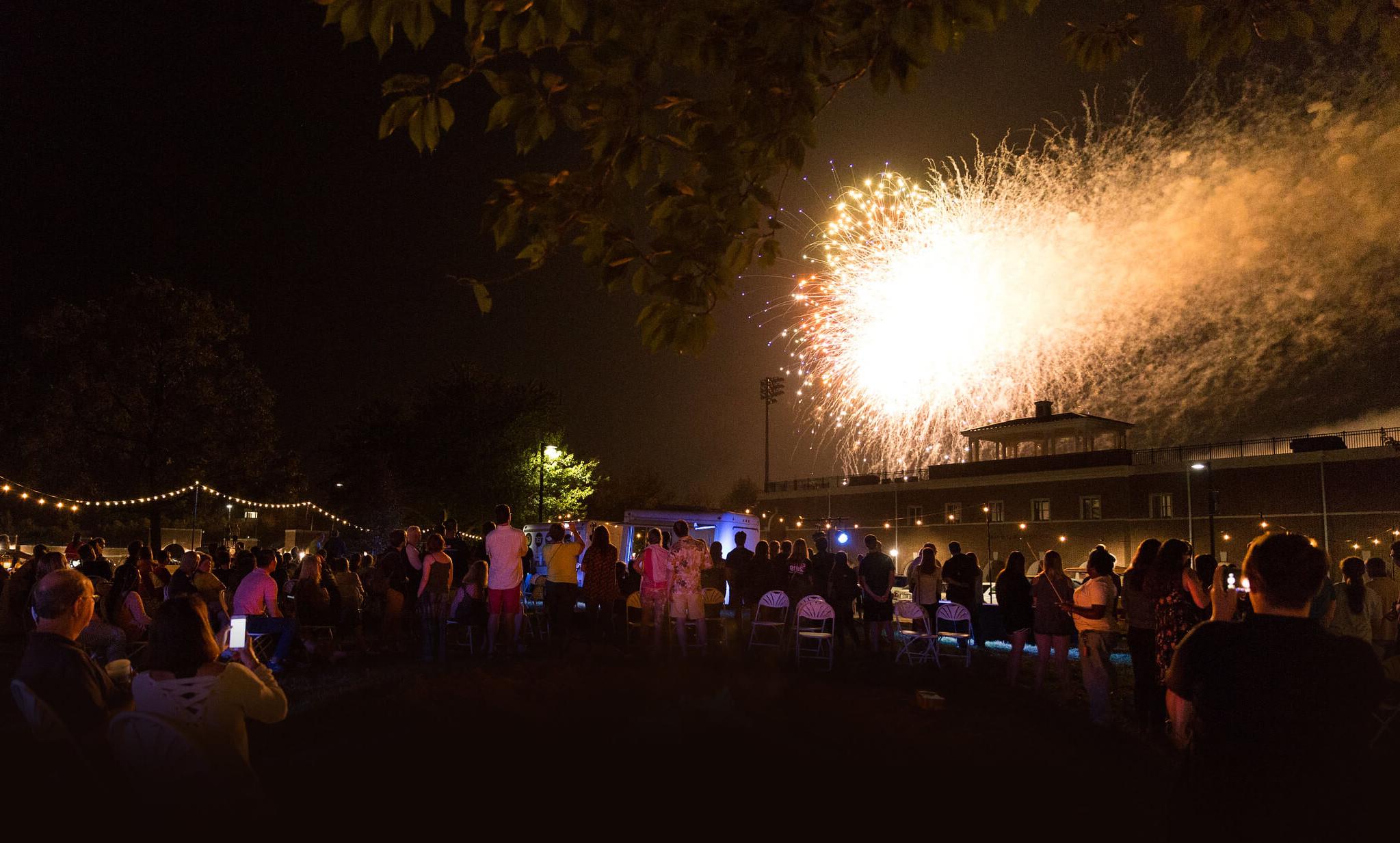 Washington College students take in the fireworks display at the all campus picnic